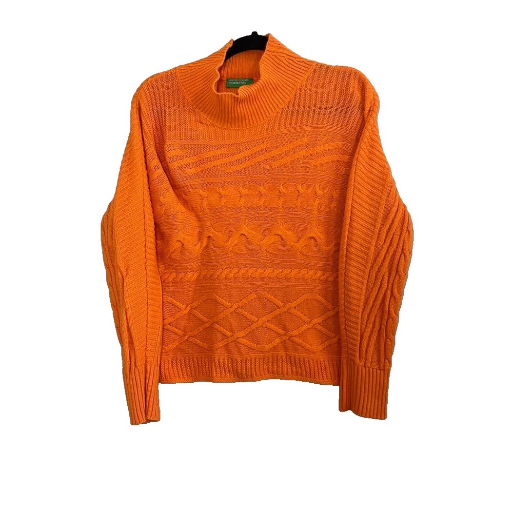 Colorful High Neck Cable Chunky Knit Sweater Orange M Classic Preppy Retro 80s